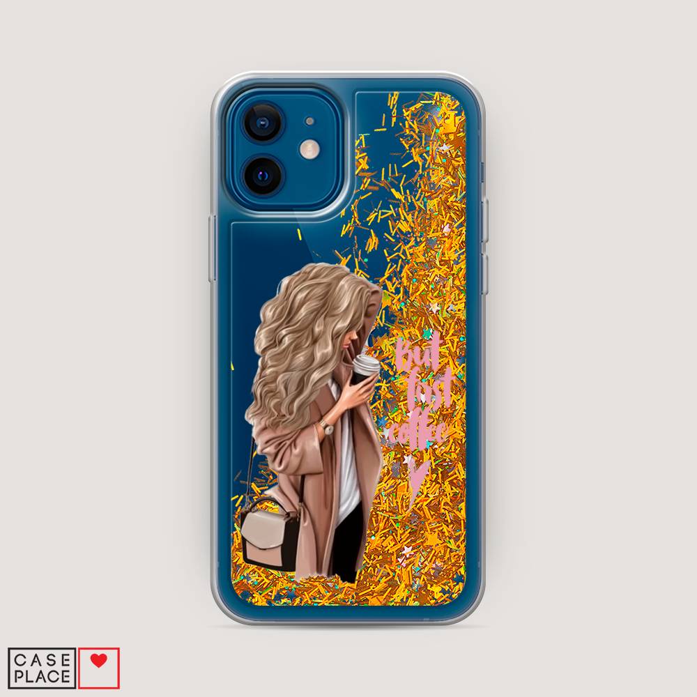 

Жидкий чехол с блестками "Девушка с кофе" на Apple iPhone 12, Девушка с кофе