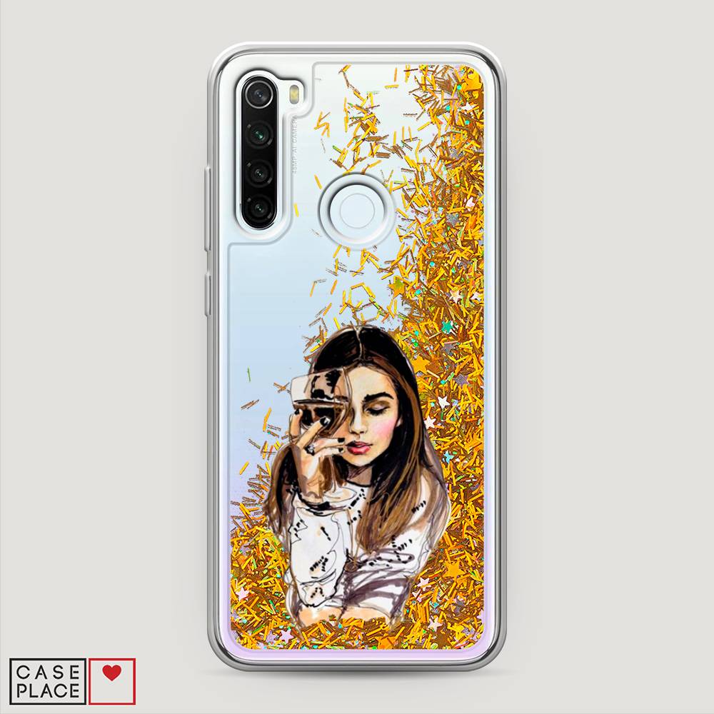 фото Жидкий чехол с блестками "девушка с бокалом" на xiaomi redmi note 8t awog