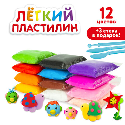 Пластилин супер лёгкий воздушный застывающий 12 цветов, 120 г, 3 стека, 105905, (2шт.)