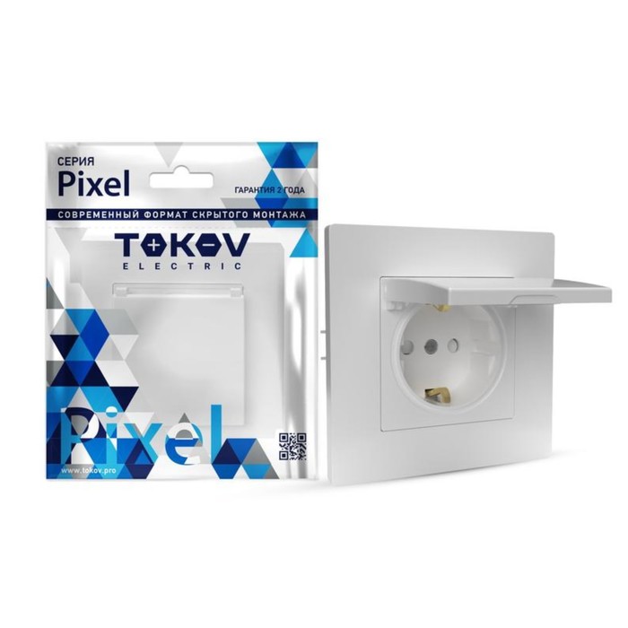 фото Розетка tokov electric, pixel, 1-м, 16а, ip20, с з/к, шторка с крышкой, белый