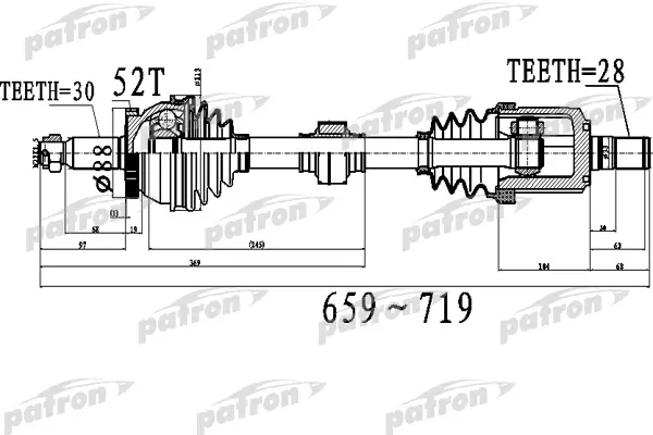 

Полуось передний мост слева 30x659x88x28 ABS:52T KIA SORENTO [XM] 09 - PATRON PDS0523