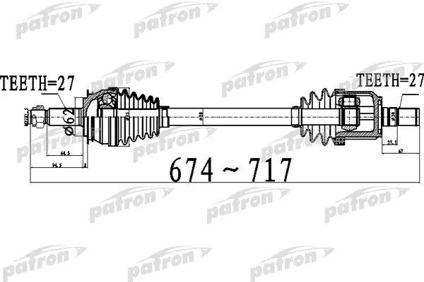 

Полуось передний мост слева 27x674x62x27 HYUNDAI SONATA [GF] 2,0 2,4 09 - PATRON PDS0509