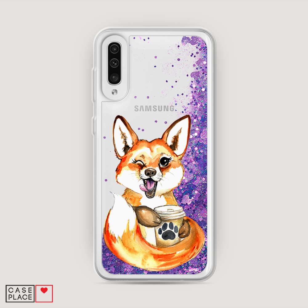 фото Жидкий чехол с блестками "подмигивающая лиса с кофе" на samsung galaxy a30s awog