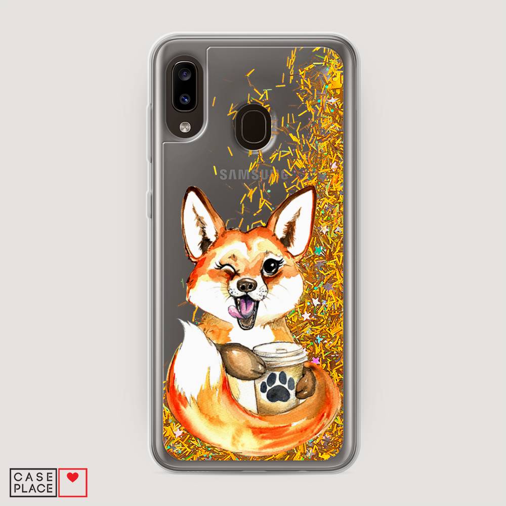 

Жидкий чехол с блестками "Подмигивающая лиса с кофе" на Samsung Galaxy A30, 27590-1