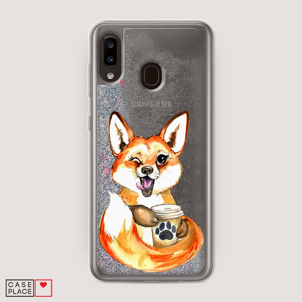 

Жидкий чехол с блестками "Подмигивающая лиса с кофе" на Samsung Galaxy A20, 27691-1