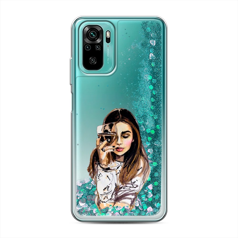 

Жидкий чехол с блестками "Девушка с бокалом" на Xiaomi Redmi Note 10