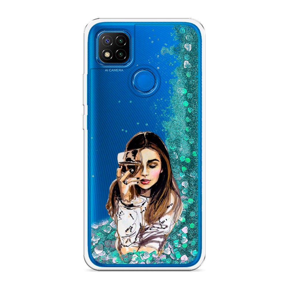 

Жидкий чехол с блестками "Девушка с бокалом" на Xiaomi Redmi 9C