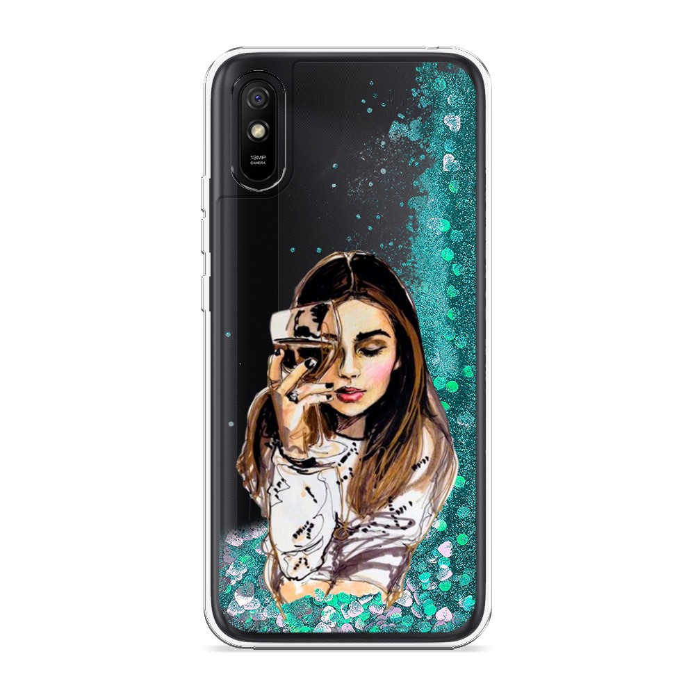 

Жидкий чехол с блестками "Девушка с бокалом" на Xiaomi Redmi 9A