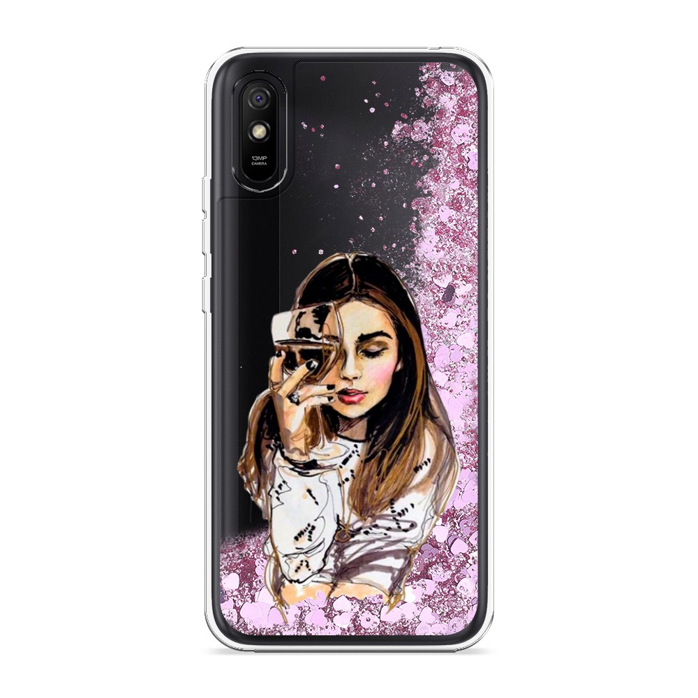

Жидкий чехол с блестками "Девушка с бокалом" на Xiaomi Redmi 9A, 38994-1