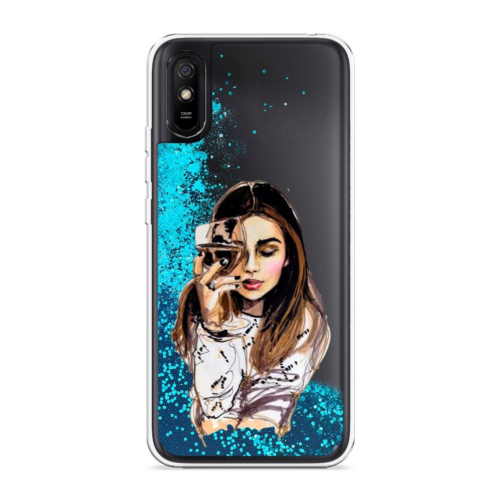 

Жидкий чехол с блестками "Девушка с бокалом" на Xiaomi Redmi 9A, 38993-1