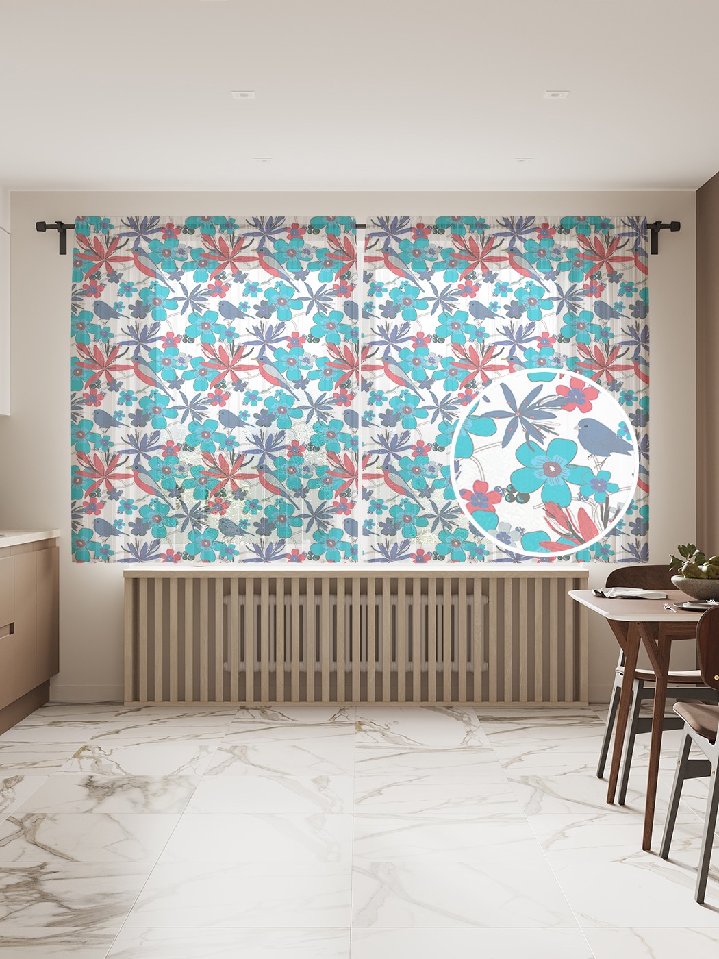 

Фототюль JoyArty "Пичуги в цветах", 145x180 см (2 полотна со шторной лентой + 50 крючков), Пичуги в цветах