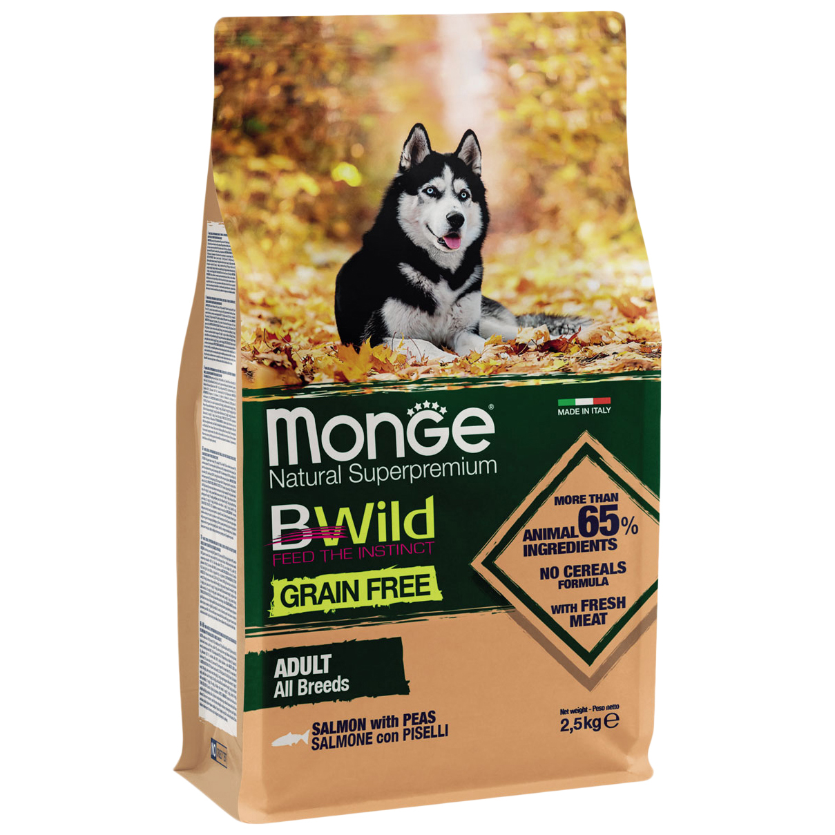 

Сухой корм для собак Monge BWild Grain Free Adult All Breeds, лосось и горох, 2,5кг, BWild Grain Free Adult All Breeds