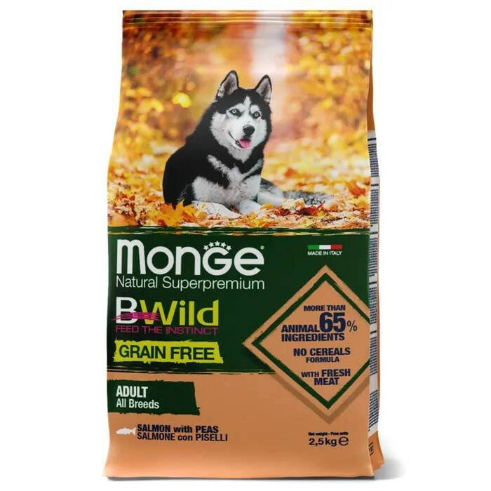 фото Сухой корм для собак monge bwild grain free adult all breeds, лосось и горох, 2,5кг