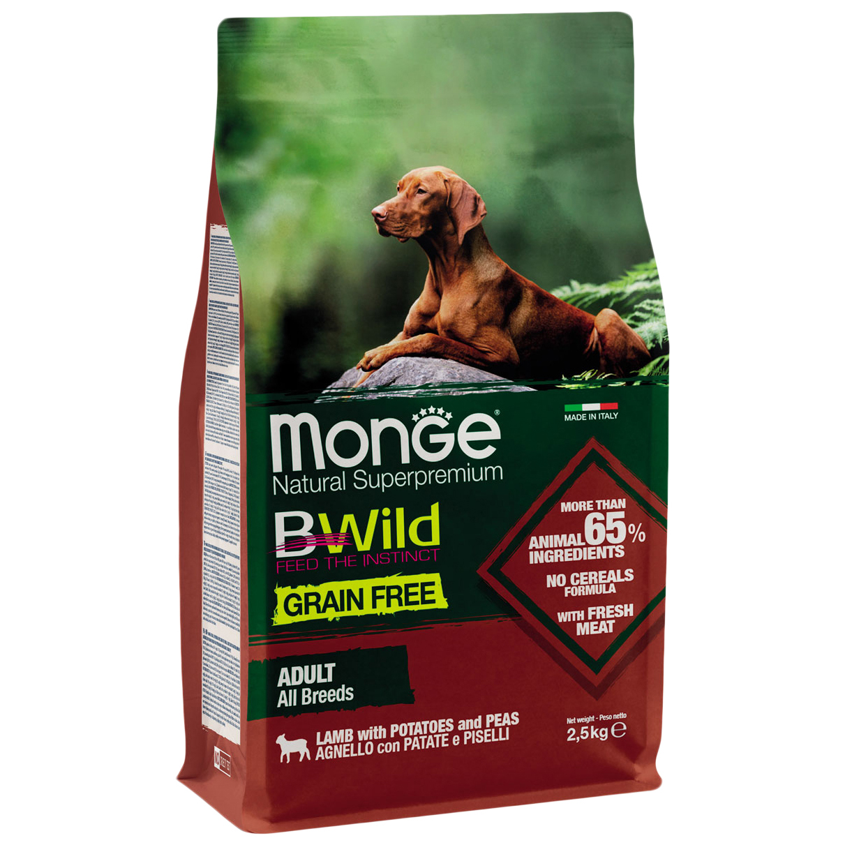 Сухой корм для собак Monge BWild Grain Free Adult All Breeds ягненок горох картофель 25кг 4997₽