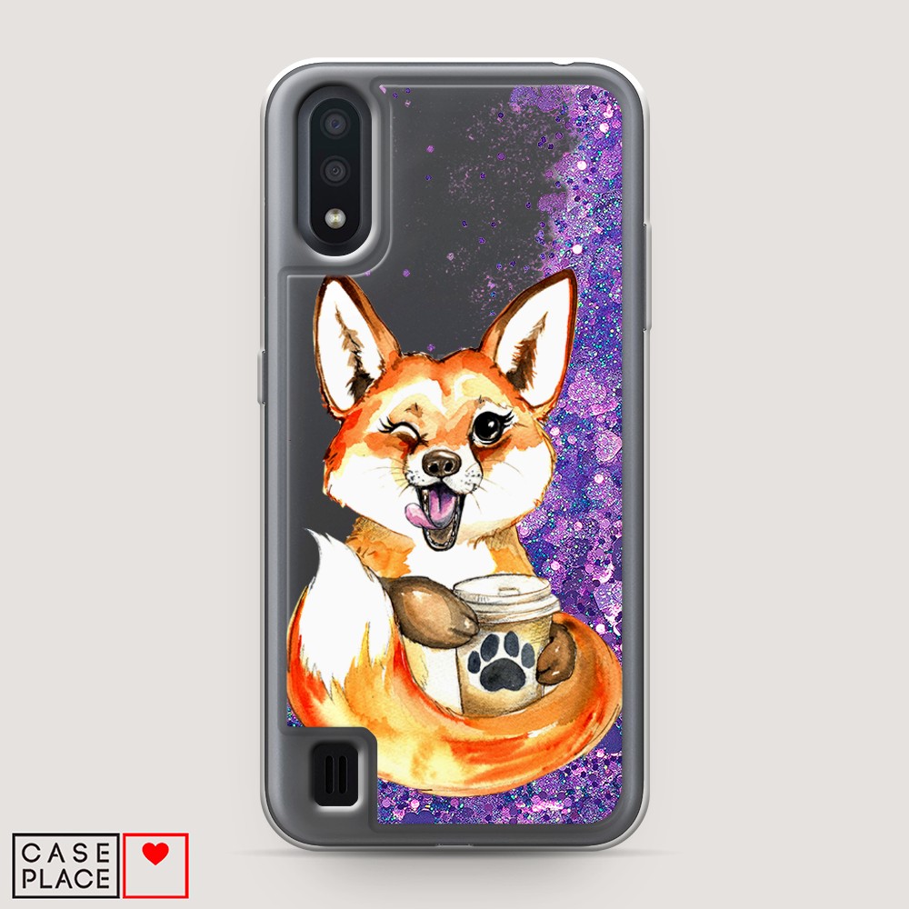 

Жидкий чехол с блестками "Подмигивающая лиса с кофе" на Samsung Galaxy A01, 29592-1