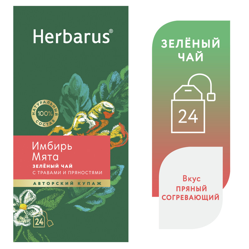 Чай зелёный Herbarus, Имбирь Мята, с травами и пряностями, 24 пакетика