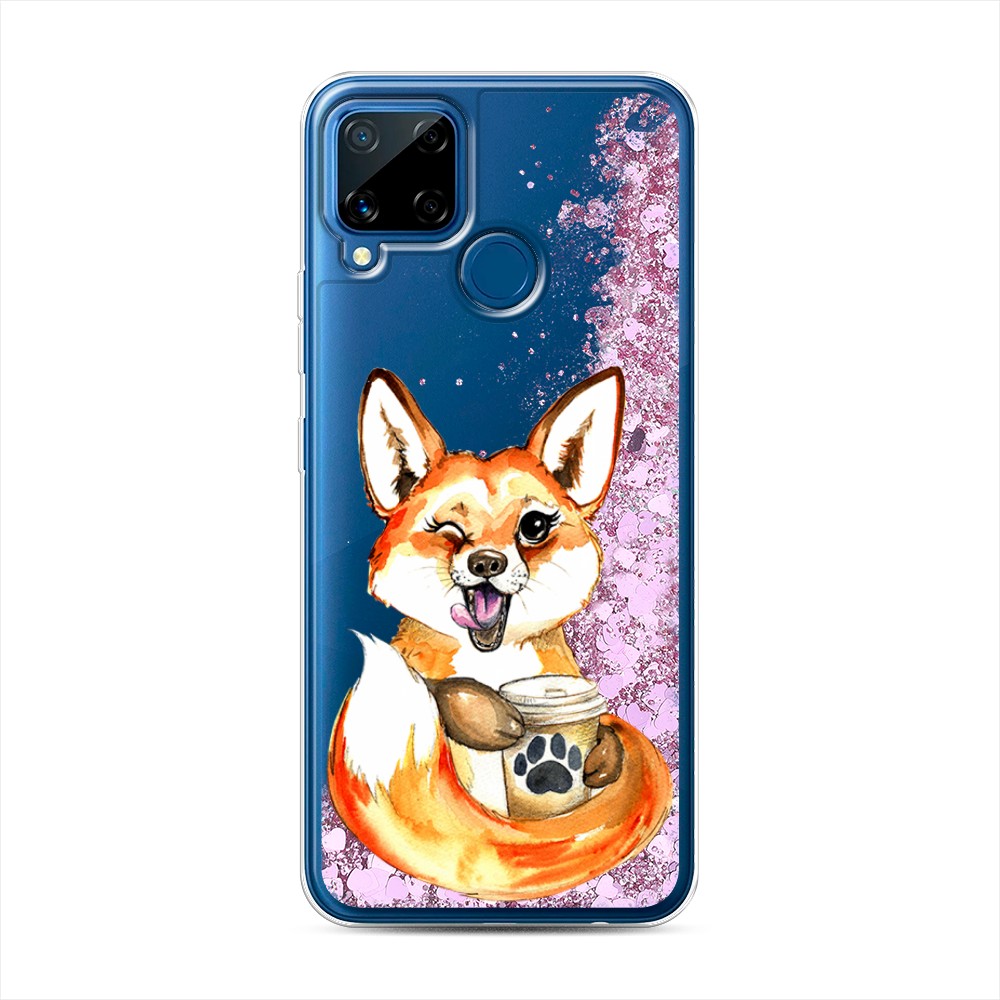

Жидкий чехол с блестками "Подмигивающая лиса с кофе" на Realme C15, 255094-1