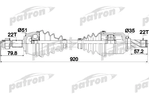 

Полуось передняя правая 22x920x51x22 OPEL: CORSA D 1.2/1.4 06- PATRON PDS0284