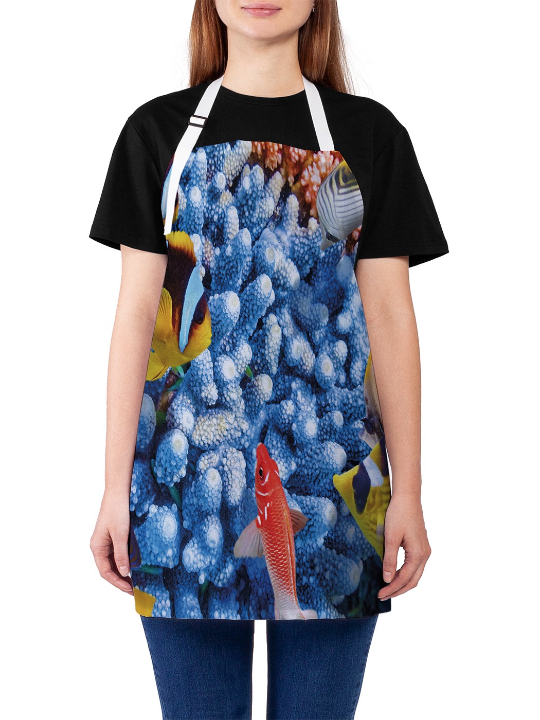 

Фартук женский JoyArty для готовки "Кораллы и цветная рыба", универсальный размер, Белый