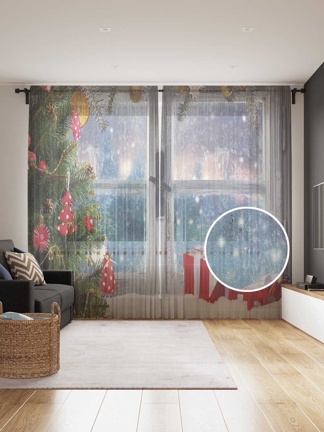 

Фототюль JoyArty "Новогоднее окно", 145x265см (2 полотна со шторной лентой + 50 крючков), Новогоднее окно