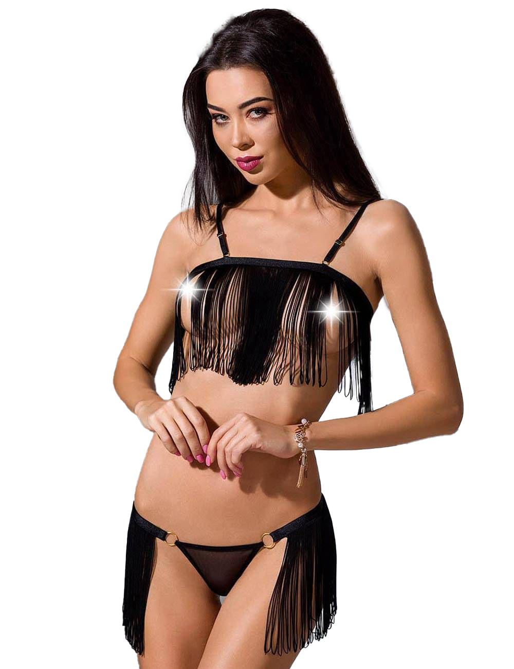 

Пикантный комплект белья Kassandra с бахромой, Черный, Kassandra set with open bra