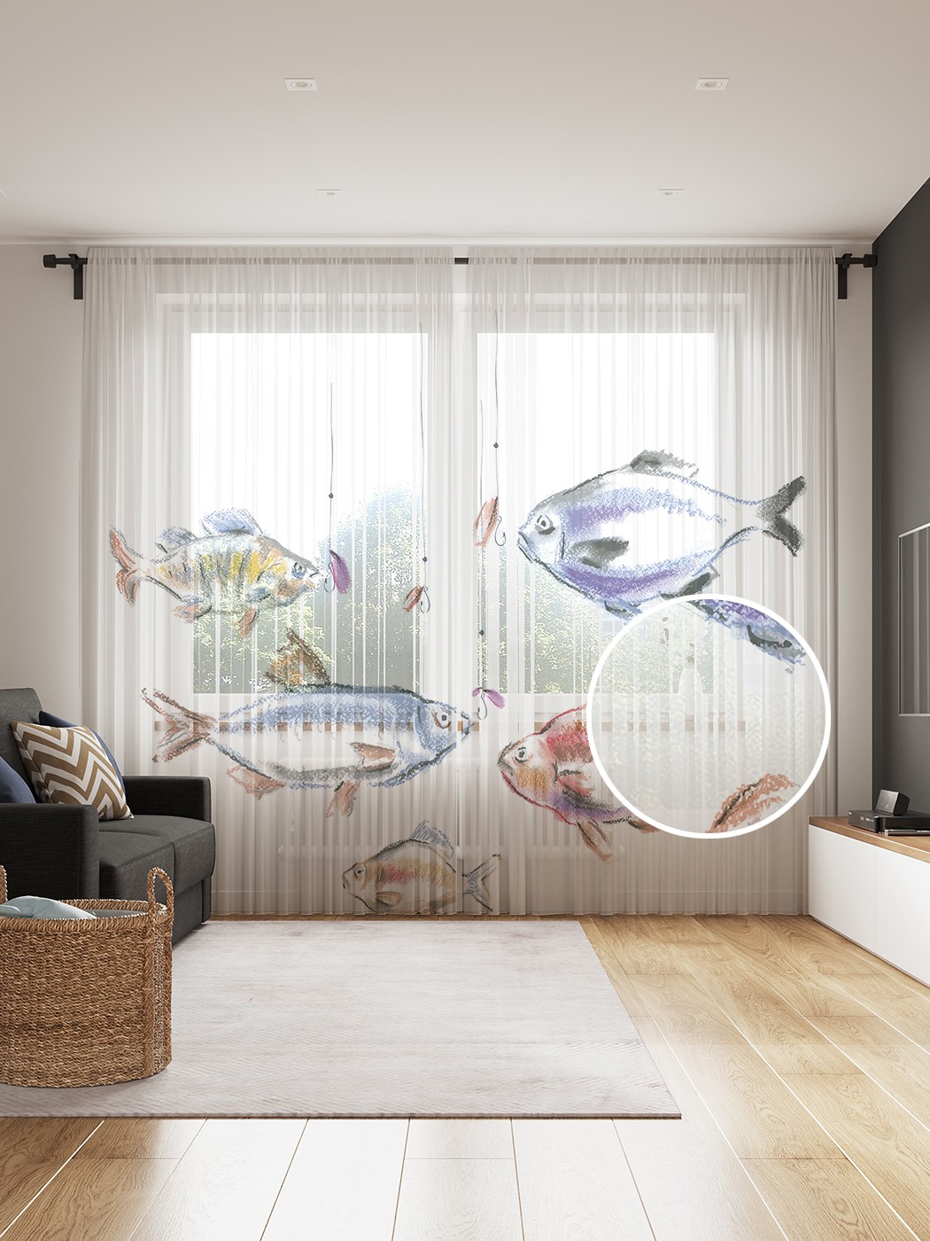 

Фототюль JoyArty "Хитрые рыбы", 145x265см (2 полотна со шторной лентой + 50 крючков), Хитрые рыбы