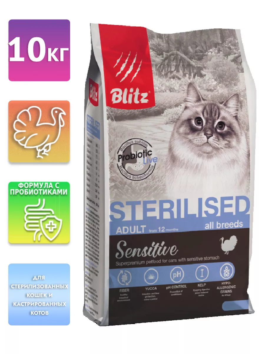 Сухой корм для кошек BLITZ Sensitive Sterilised, для стерилизованных, индейка, 10кг