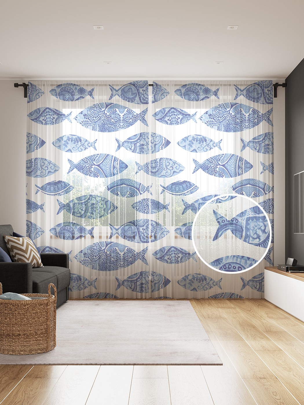 

Фототюль JoyArty "Мифические рыбы", 145x265см (2 полотна со шторной лентой + 50 крючков), Мифические рыбы