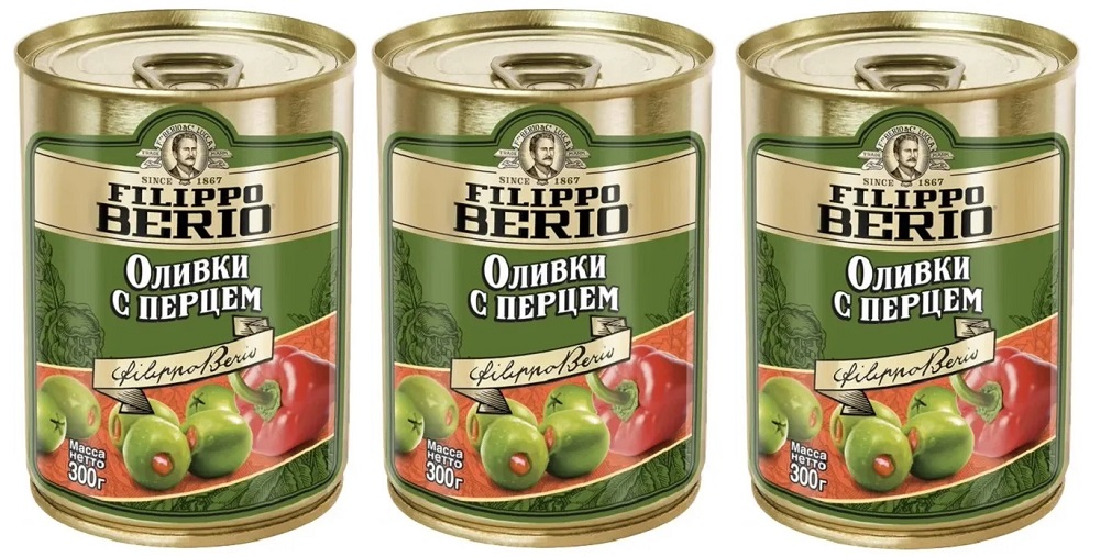 Оливки Filippo Berio с перцем, 3 шт х 300 г