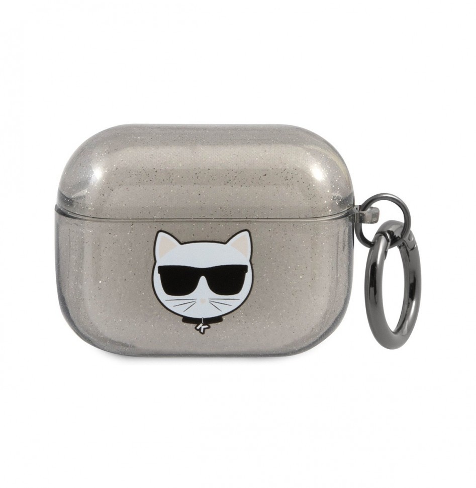 Чехол с карабином Karl Lagerfeld TPU Choupette Glitters для AirPods Pro, Черный