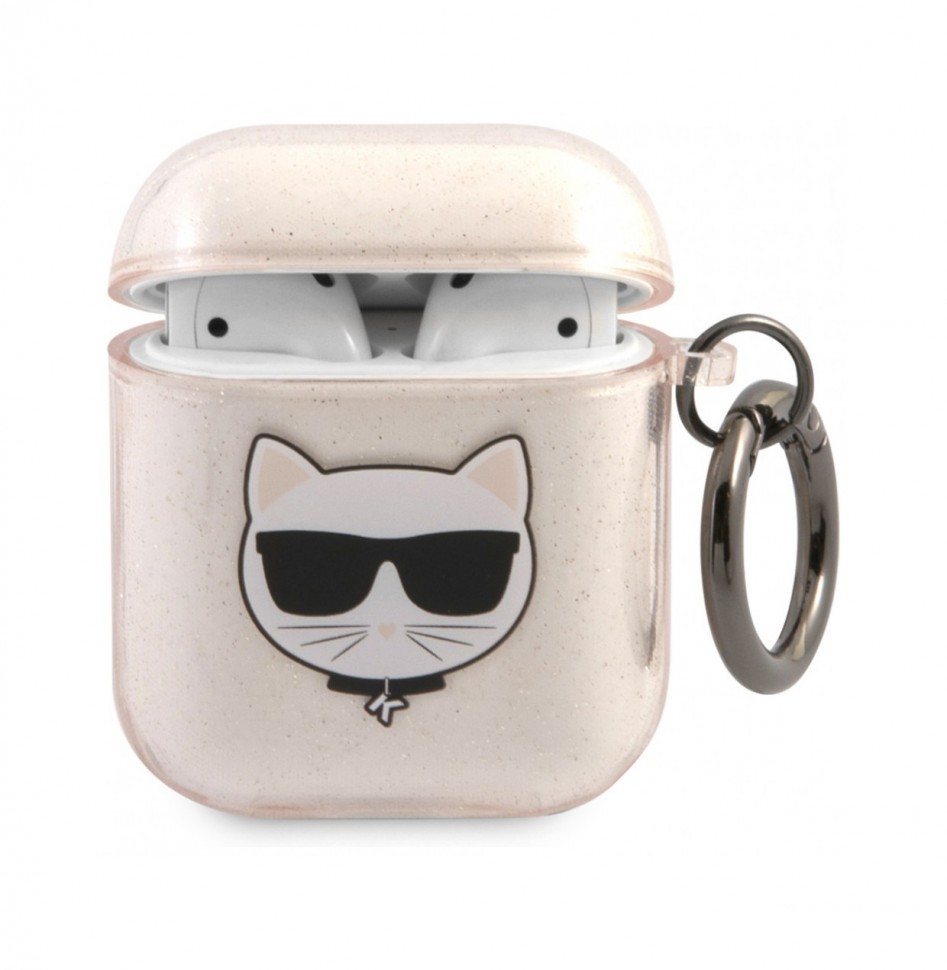 Чехол с карабином Karl Lagerfeld TPU Choupette Glitters для AirPods 1/2, Золотой