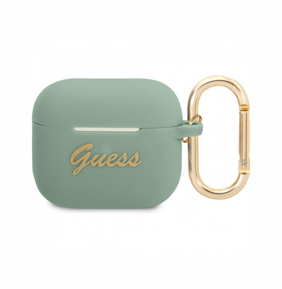 

Чехол с карабином Guess Silicone with ring Script logo для AirPods 3, Зеленый, Silicone with ring Script logo