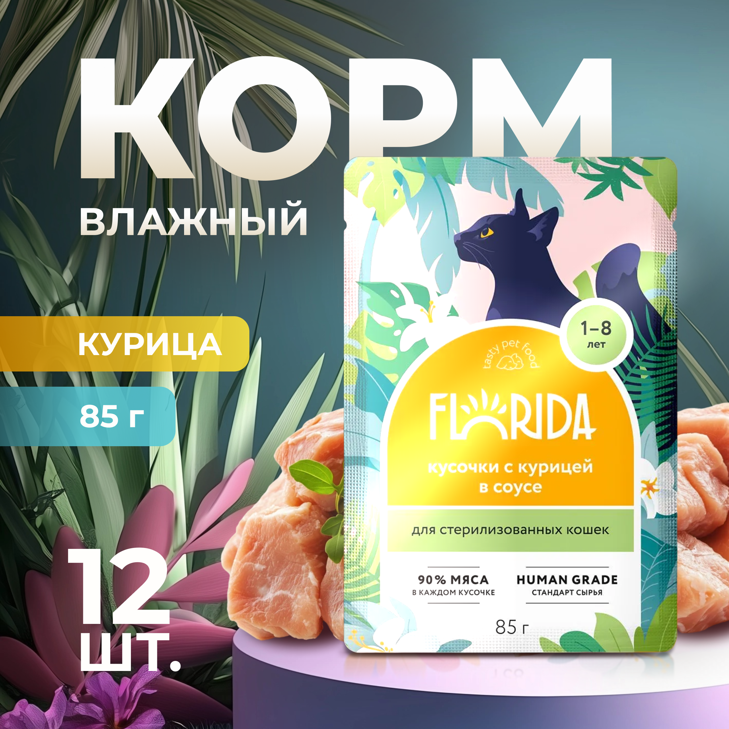 

Влажный корм для кошек Florida, для стерилизованных, с курицей в соусе, 12 шт по 85 г