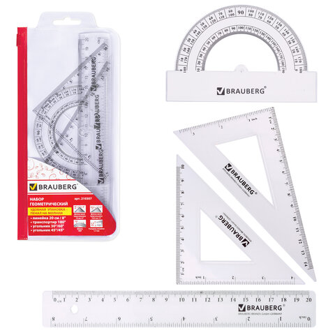 

Набор чертежный Brauberg (линейка 20см, 2 треугольника, транспортир) 24 уп, Разноцветный