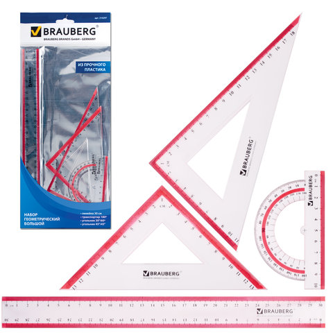 

Набор чертежный Brauberg Crystal (треугольники 2шт, линейка, транспортир), 24 уп, Разноцветный
