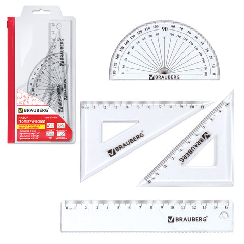 Набор чертежный Brauberg (треугольники 2шт, линейка 15см, транспортир) 24 уп