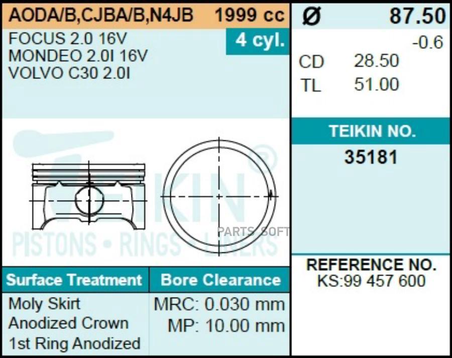 

Поршни TEIKIN 35181 Ford Focus; S-Max; Mazda 3; 6; 5; Volvo S40; S80 2,0 Lf 03-