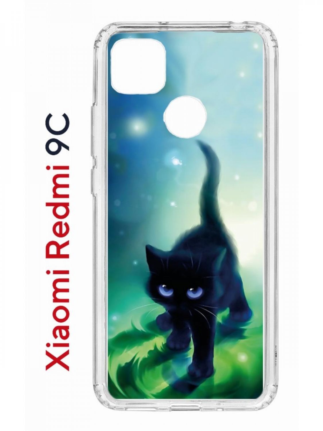 Чехол на Redmi 9C с принтом Kruche Print Черный кот,противоударный бампер с защитой камеры