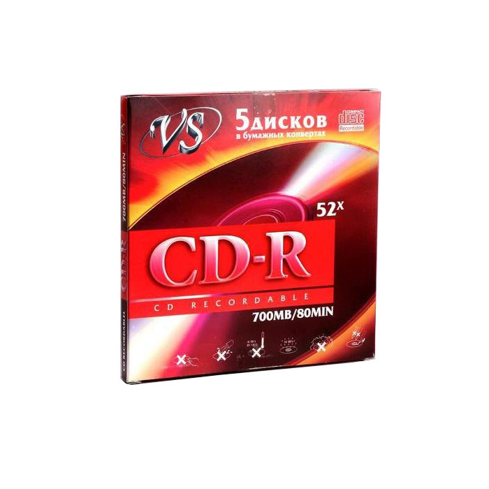 фото Диски для записи cd-r vs, 700mb, 52x, бумажный конверт, 5 шт (vscdrk501)