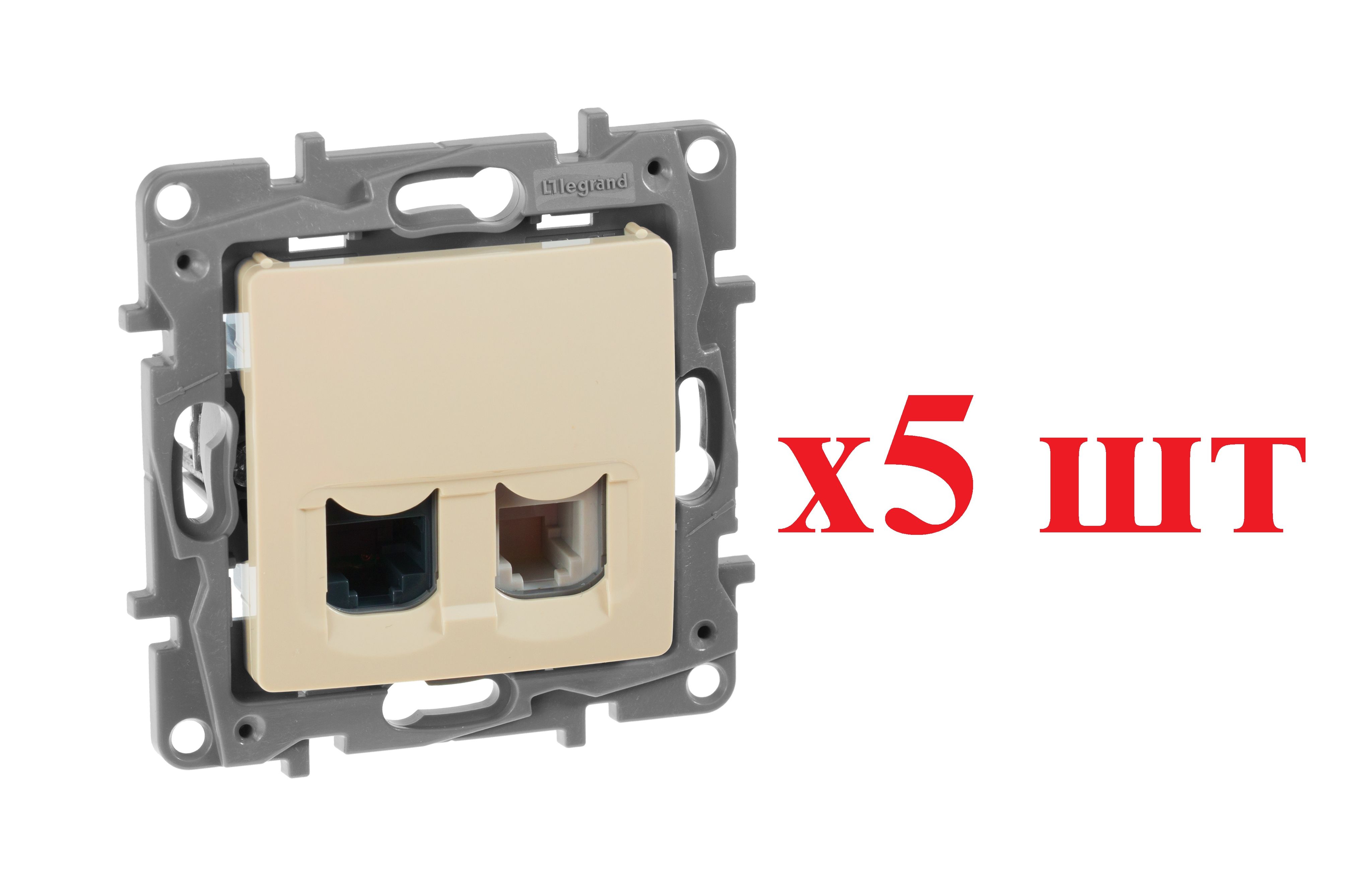 

Legrand Etika Сл.кость Розетка тел.+ комп. (RJ11+RJ45) 5 кат. UTP 672352 (5шт), Бежевый, RJ-11 телефон_5