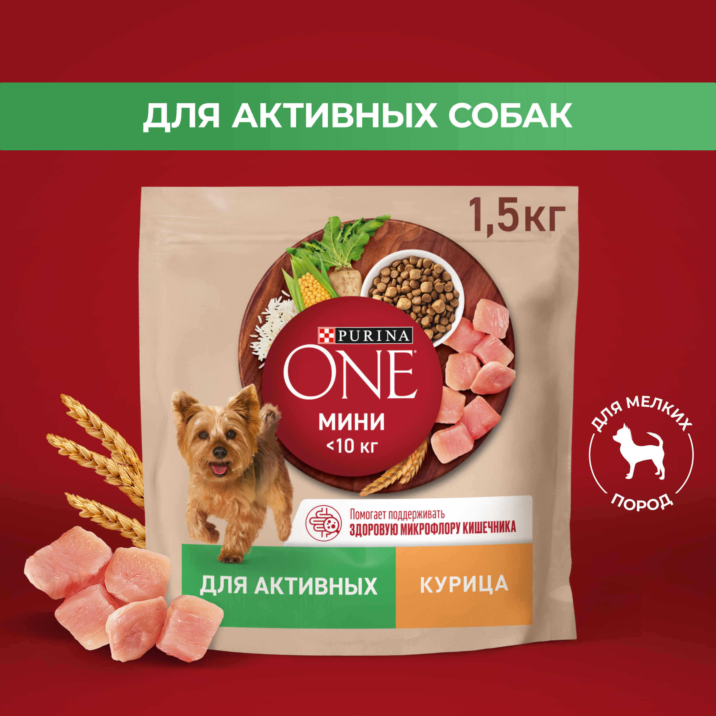 Сухой корм для собак Purina ONE Мини, при активном образе жизни, курица, рис, 1,5 кг