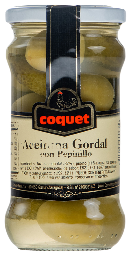 

Оливки COQUET гигантские фаршированные огурчиками 314г Испания