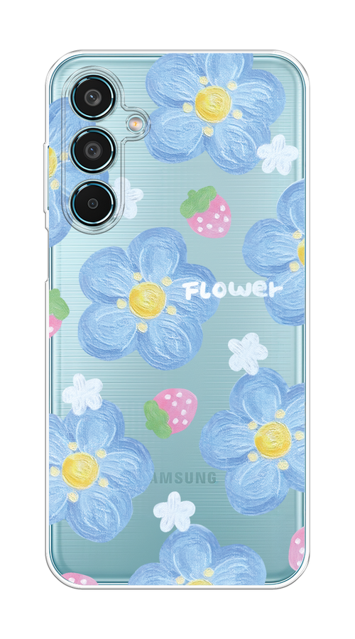 

Чехол на Samsung Galaxy M35 "Цветы и клубники", Прозрачный;голубой;белый, 2110050-1