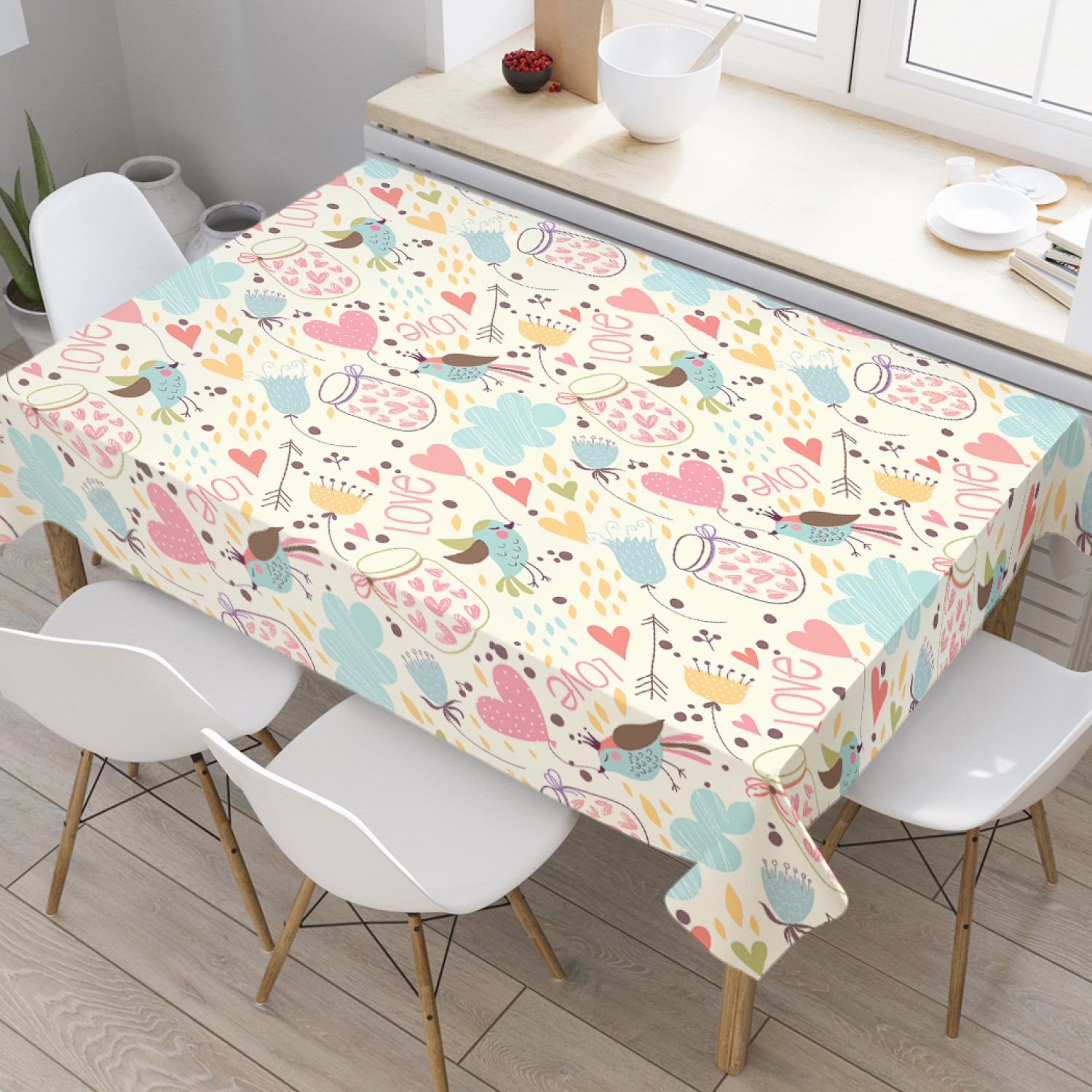 

Скатерть прямоугольная JoyArty "Баночка любви" из оксфорда, 180x145 см, Голубой, Баночка любви