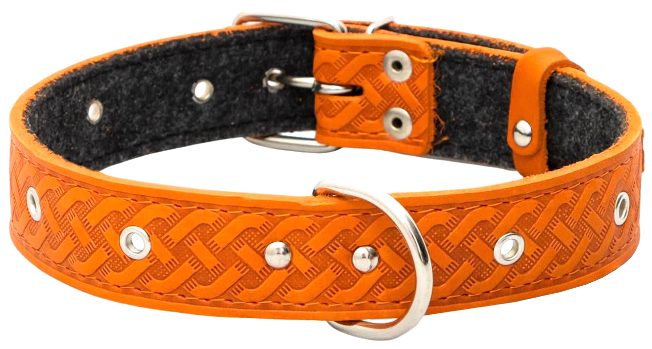 

Ошейник кожаный тисненый на фетре, безразмерный, 64 х 3,5 см, ОШ 31-60 см, рыжий, кожаный тисненый на фетре