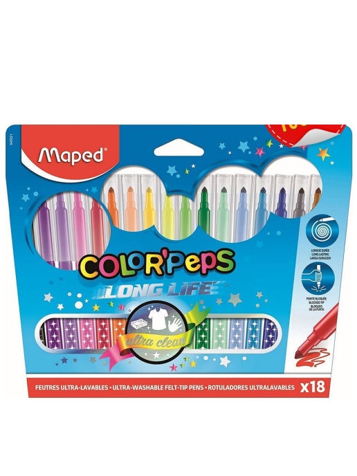

Фломастеры для тонкого письма и раскрашивания MAPED Color Peps Long Life, 18 цветов, Бирюзовый;голубой;желтый;зеленый;коричневый;красный;оранжевый;розовый;серый;синий;фиолетовый;черный, COLOR'PEPS