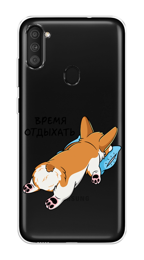 

Чехол на Samsung Galaxy M11 "Корги отдыхает", Черный;коричневый;голубой, 2100650-1