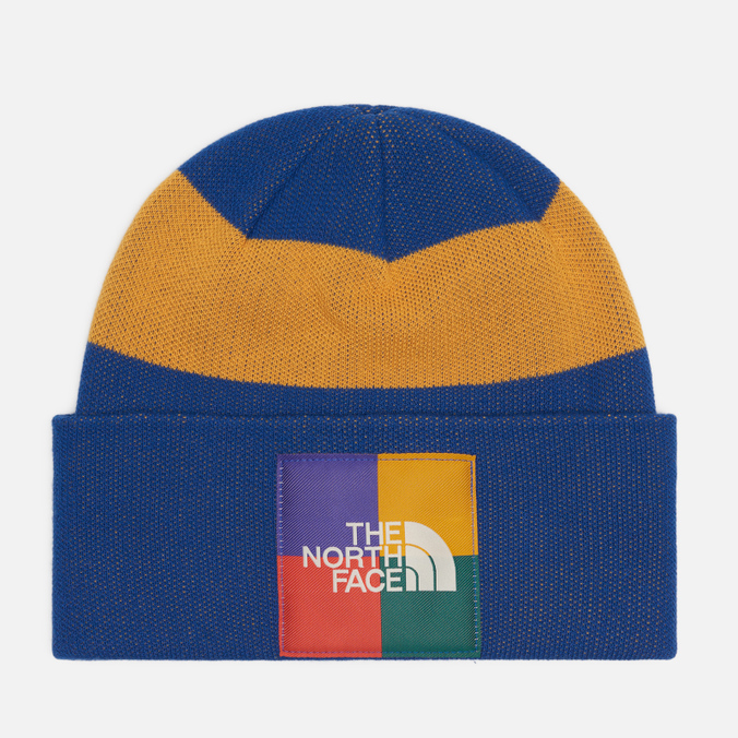 фото Шапка мужская the north face color block knit beanie синяя, one size