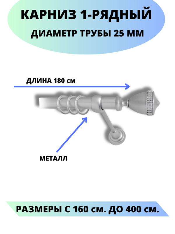 

Карниз металлический Рим, 1-рядный, гладкий, D-25 мм., цвет сатин, 1,8 м., Серый, Рим