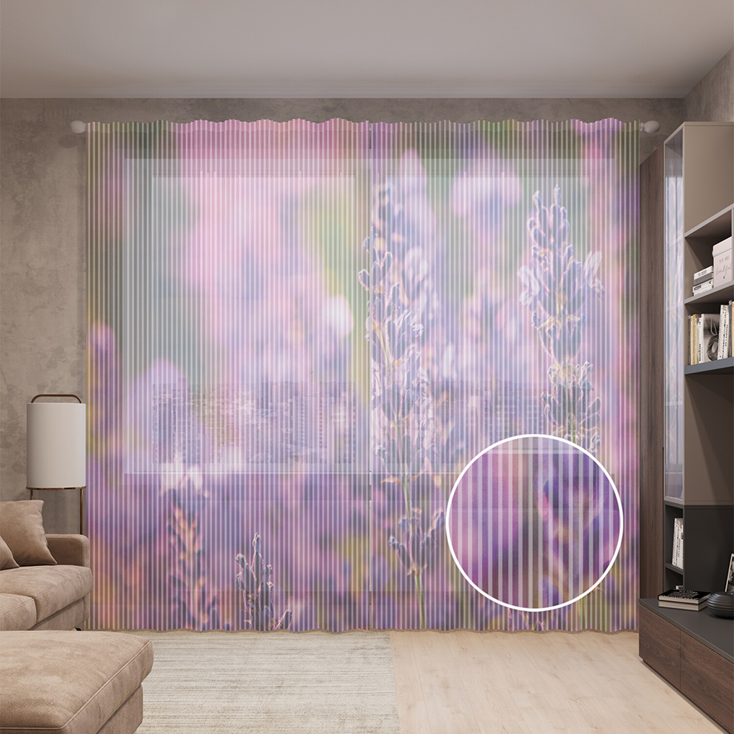 

Тюль вуаль на шторной ленте с принтом JoyArty "Фокус лаванды", 310х265 см, Фокус лаванды